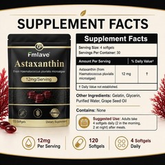 Natural Astaxanthin 12mg Vegan 120 Softgels – Antioxidant Eye Joint Skin Health