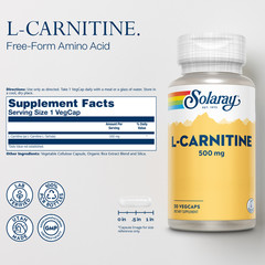 Solaray L-Carnitine 500 mg, Free Form Amino Acid, Lab Verified, GMP Facility,