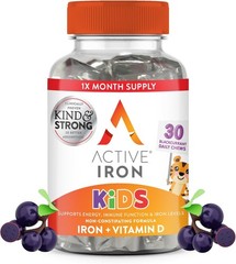 Active Iron Supplement 7mg + Vitamin D for Kids, Increases Energy, 30 Chews