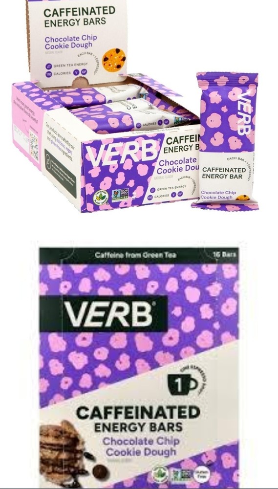 Verb Caffeinated Energy Bars Chocolate Chip Cookie Dough Vegan GF Non-GMO 15