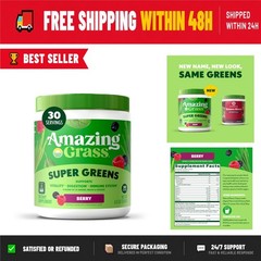 Amazing Grass Super Greens Powder – Organic Berry Flavor – 30 Servings