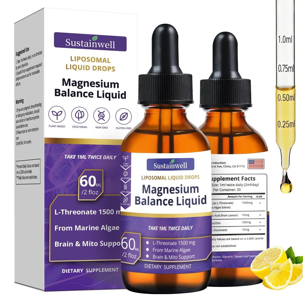 Magnesium L-Threonate Liquid Drops L 2.04 Fl Oz (Pack of 2)