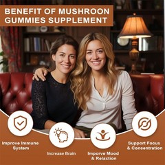 Vegan Mushroom Gummies, Lions Mane Ashwagandha Shiit for Focus & Immunity