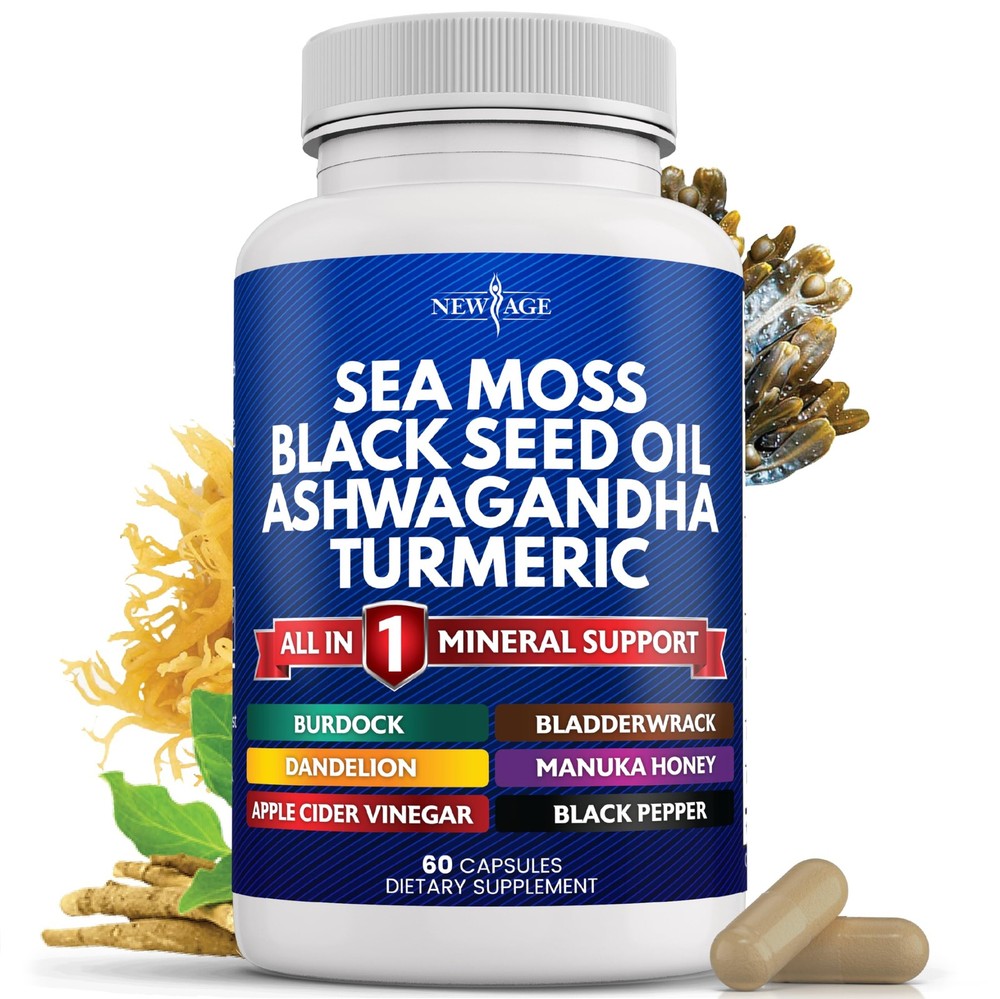 NEW AGE Sea Moss Black Seed Oil Ashwagandha 60 Count (Pack of 1), Silica