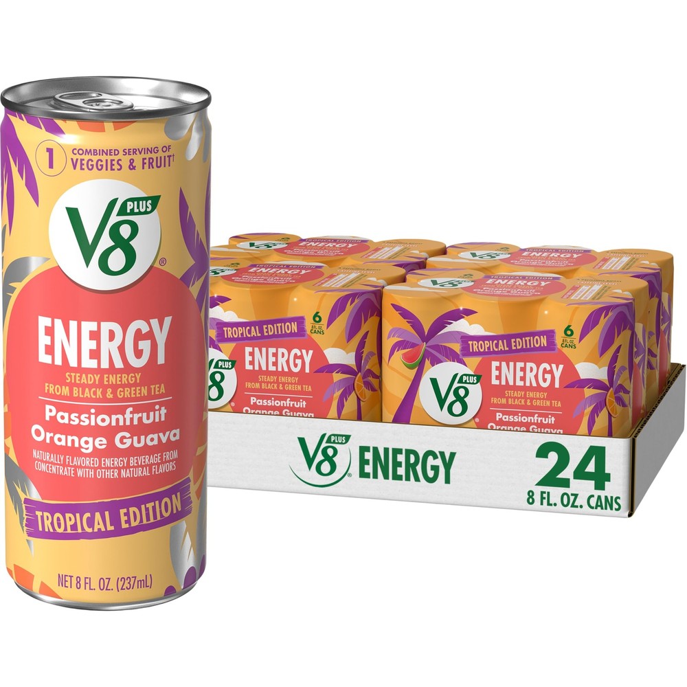 V8 +Energy Passionfruit Orange Guava Juice Energy Drink, (6 Pack) (Case of 4)