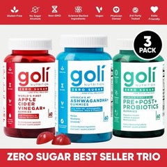 3 BottlesGoli Zero Sugar Trio -ACV Ashwagandha & Probiotic Gummies60 Caps/Bottl