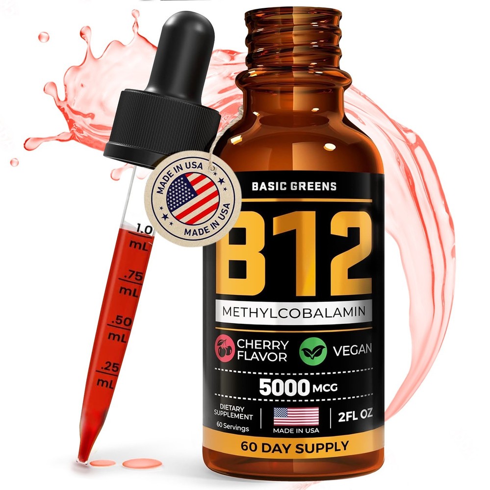 BASIC GREENS B12 Liquid Drops 5000mcg Sublingual Methylcobalamin Vegan 2oz