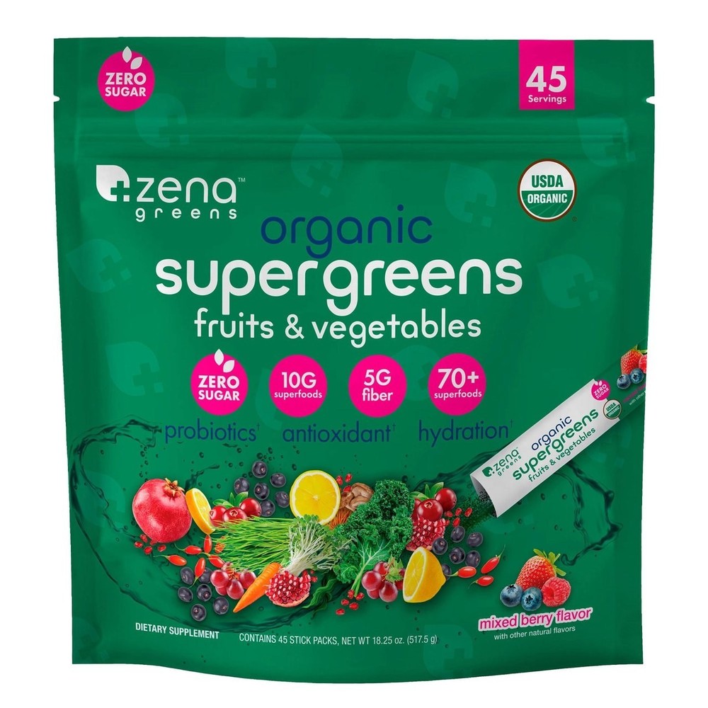 Zena Greens Organic Supergreens Fruits & Vegetables Powder 45 Packs EXP 03/2027