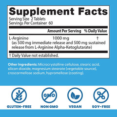 Sustained plus Immediate Release L-Arginine, Non-Gmo, Vegan, Gluten & Soy Free,