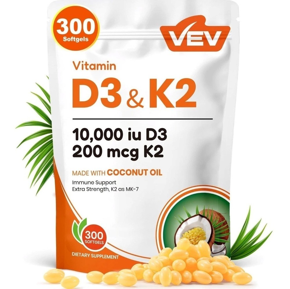 VEV Vitamin D3 K2 MK7 Softgels 10000IU D3 200mcg MK-7 with Coconut Oil 300 Count