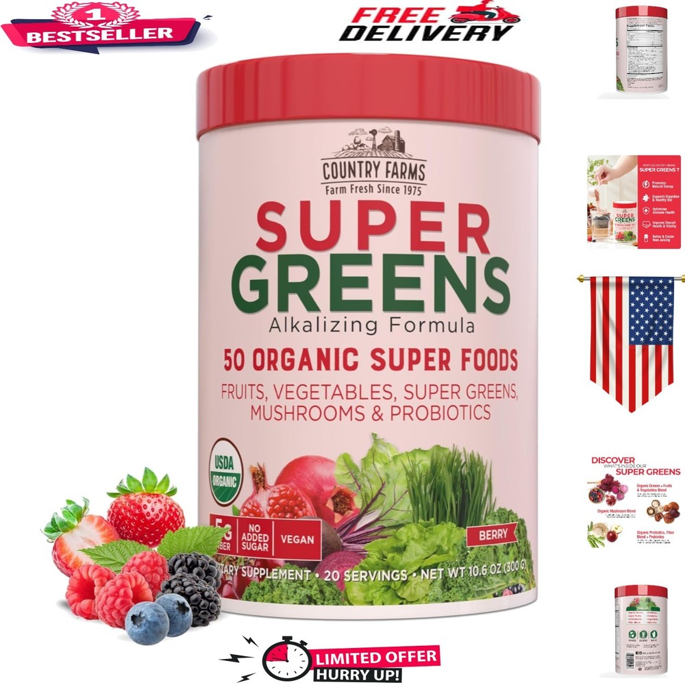 Healthy Berry Flavor Super Greens Drink Mix: 50 Organic Foods for Daily Wellness