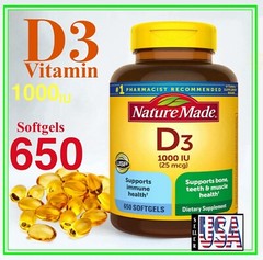 Vitamin D3, 25 mcg. 1000 IU 650 Softgels, Nature Made D 3, Vitamin