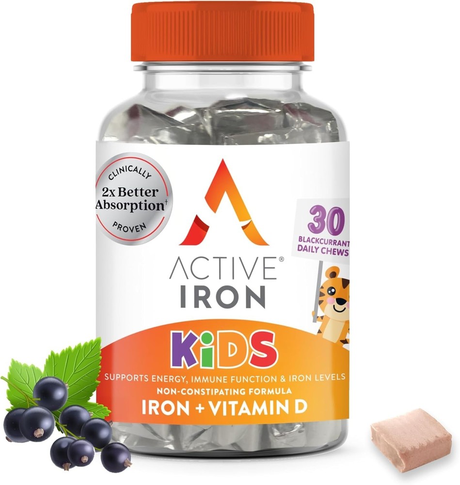 Kids Active Iron Supplement 7mg + Vitamin D Chews | Better Absorption | 30 Black