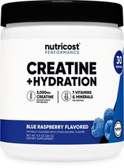 Nutricost Creatine Monohydrate + Hydration Blue Raspberry Flavored, 30 Servings