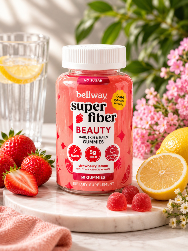Bellway Super Fiber Beauty Gummies Hair Skin Nails Strawberry Lemon 60 Gummies N