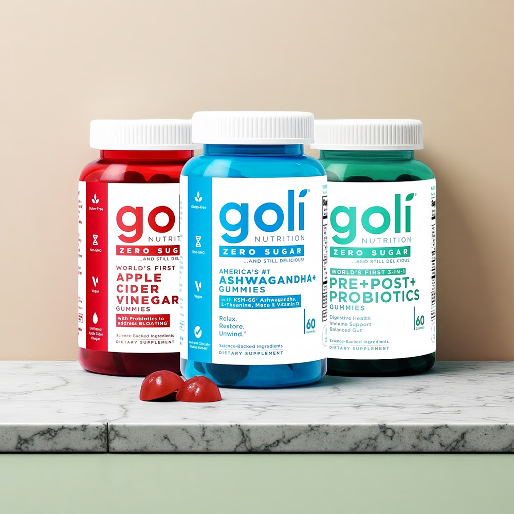3 Bottles Goli Zero Sugar Best Seller Trio Set Gummies, 60 Counts Per Bottle
