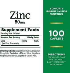 Zinc, Supports Immune System Function, Dietary Supplement, 50 Mg, Caplets, 100 C