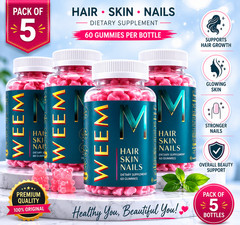 5 pack of WEEM Hair Skin and Nails Gummies, Vegan biotin Vitamins, Healthy Hair