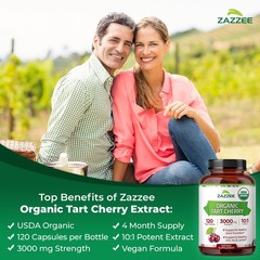USDA Organic Tart Cherry Extract 120 Count Vegan 3000 mg Strength 10:1 Uric Acid