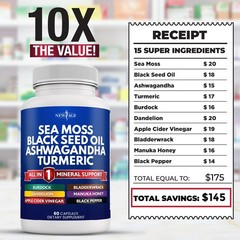NEW AGE Sea Moss Black Seed Oil Ashwagandha 60 Count (Pack of 1), Silica