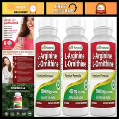 L-Arginine L-Ornithine 1000mg – 120 Non-GMO Gluten-Free Tablets, Pack of 3