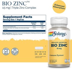 Solaray Bio Zinc (15mg) 100 Vcaps Each (Pack of 3)