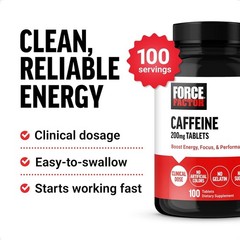 Force Factor Caffeine Pills 200mg, Boost Energy, Focus, 100 Count (Pack of 1)