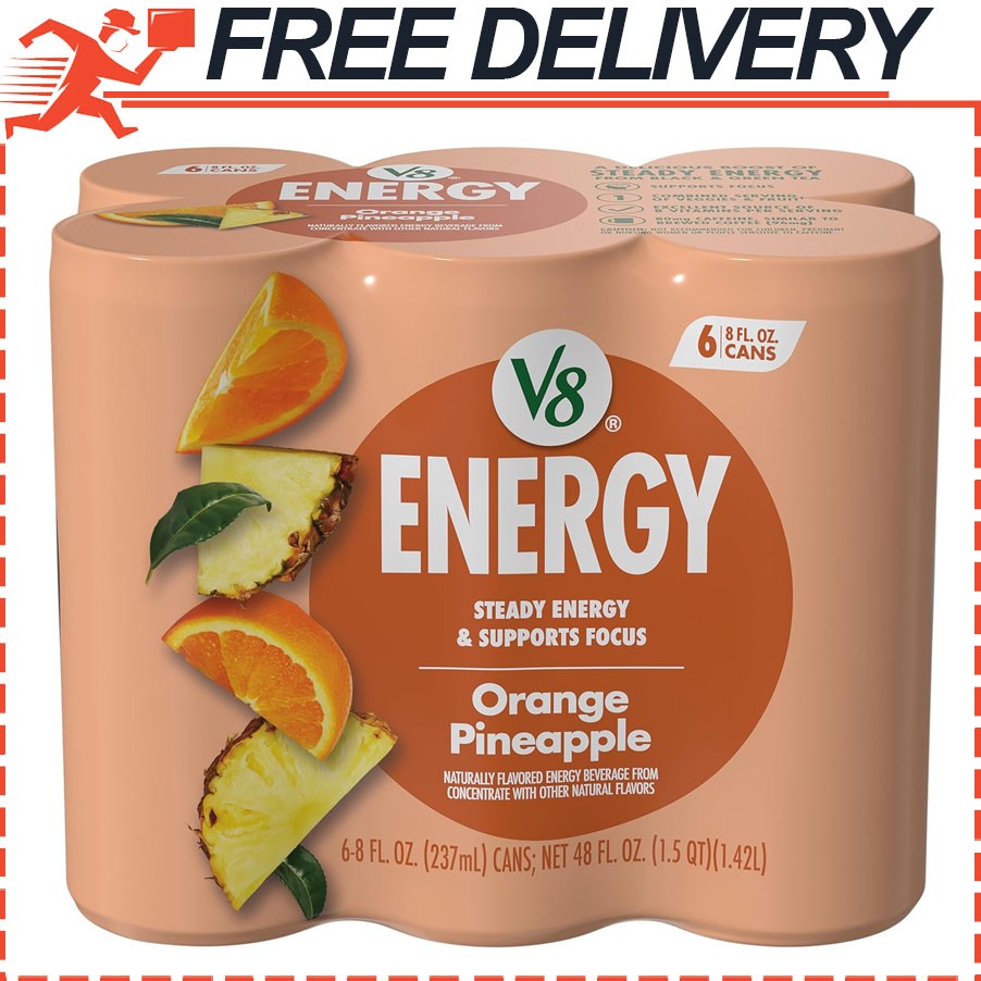 V8 Energy Orange Pineapple Energy Drink, Gluten Free, 8 fl oz Can 6 Pack