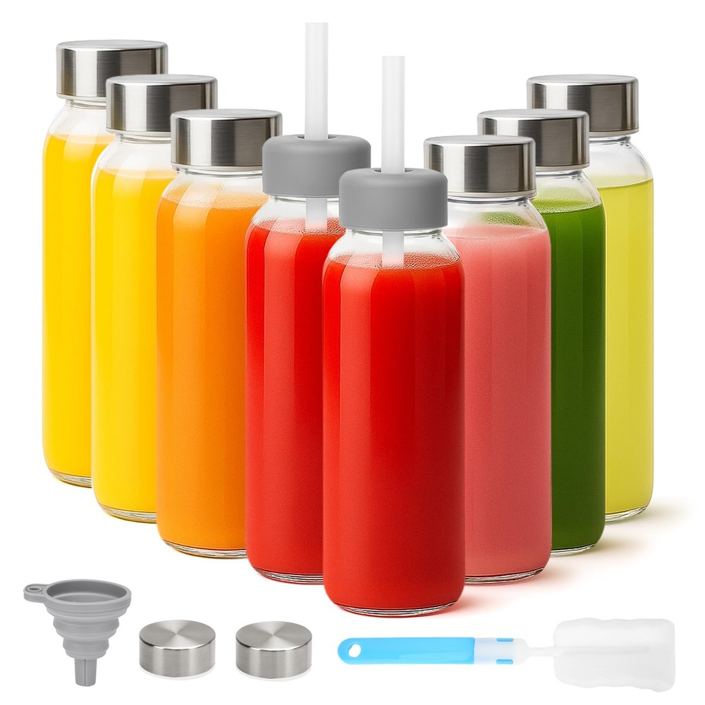 Glass Water Bottles with Lids & Straw 16 oz 8 Pack Reusable Juice Bottles With