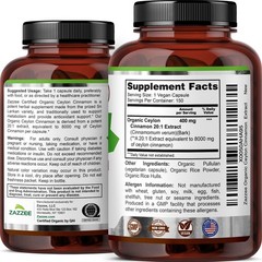 USDA Organic Ceylon Cinnamon 20:1 Extract, 150 Vegan Capsules, 5 Month Supply