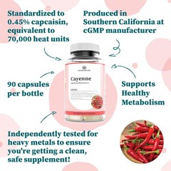 Cayenne Pepper Supplement – 70,000 Scoville Heat Units, 90 Capsules for Energy