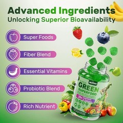 Super Greens Gummies Greens Superfood Powder Alternative w/Spirulina Chlorell…