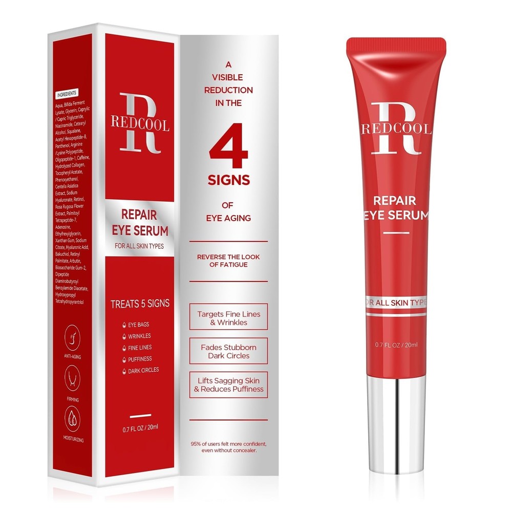 Redcool Caffeine Eye Serum for Dark Circles 0.7 Fl Oz (Pack of 1), Bright Red