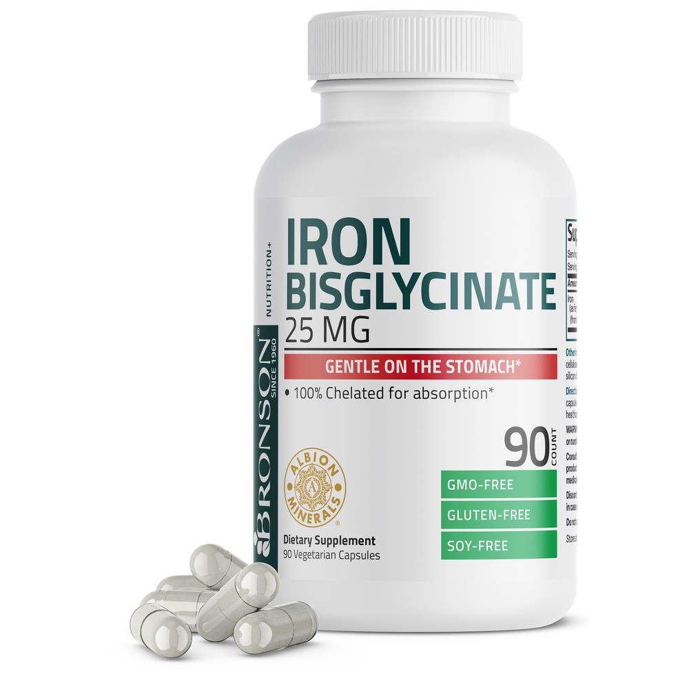 Bronson Iron Bisglycinate 25mg Supports Energy Non-Constipating 90 Veg Capsules
