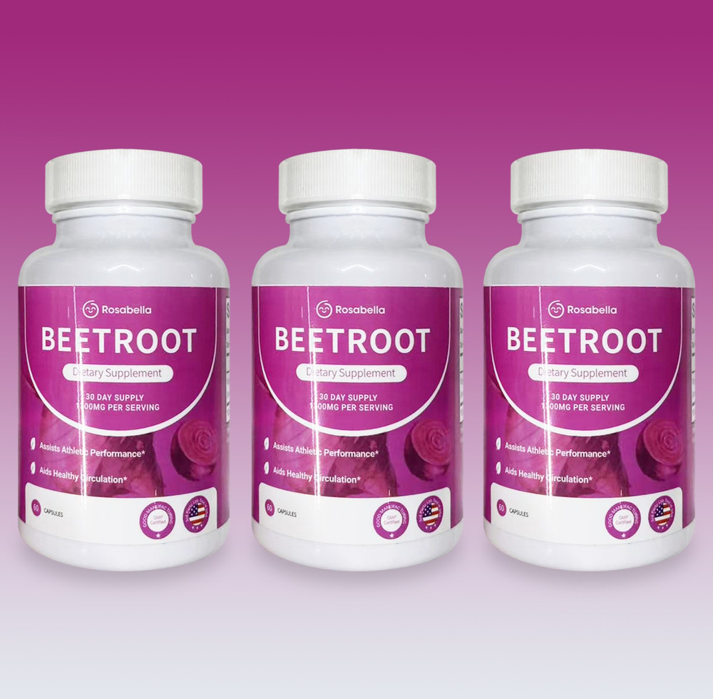 3PCS Rosabella Organic Beet Root 60 Capsules Natural Energy Boost Blood Pressure