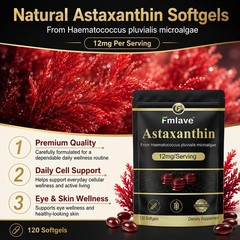 Natural Astaxanthin 12mg Vegan 120 Softgels – Antioxidant Eye Joint Skin Health