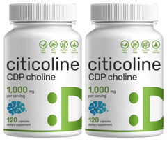 Citicoline CDP Choline 1000mg 2X120 Caps supports Brain Cognitive Function