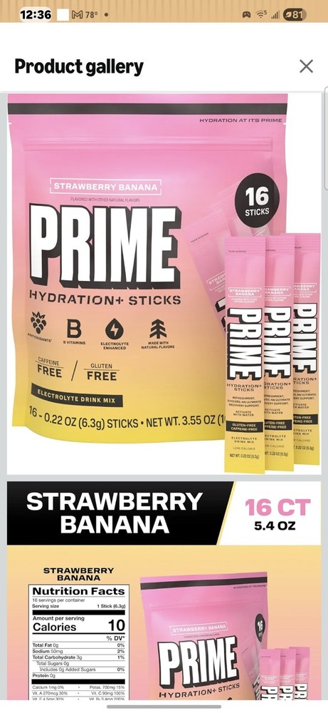 PRIME HYDRATION+ Strawberry Banana Hydration Powder 16 Single Serve Sticks