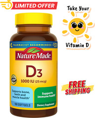 Nature Made Vitamin D3 1000 IU (25 mcg), Vitamin D Supplement for Health Support