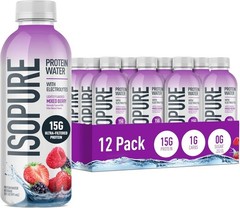 Isopure Clear Protein Water with Electrolytes, 15g, 20 fl oz,12-Pack
